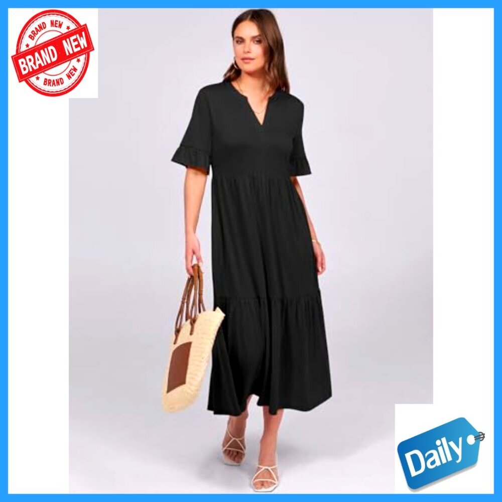 Summer Maxi Dress Ruffle Sleeve V-Neck Flowy Tiered Boho Casual Beach - Picture 6 of 7